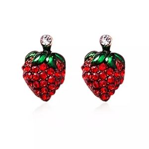 Jeweled red strawberries earrings small studs rhinestones sparkly 🍓
